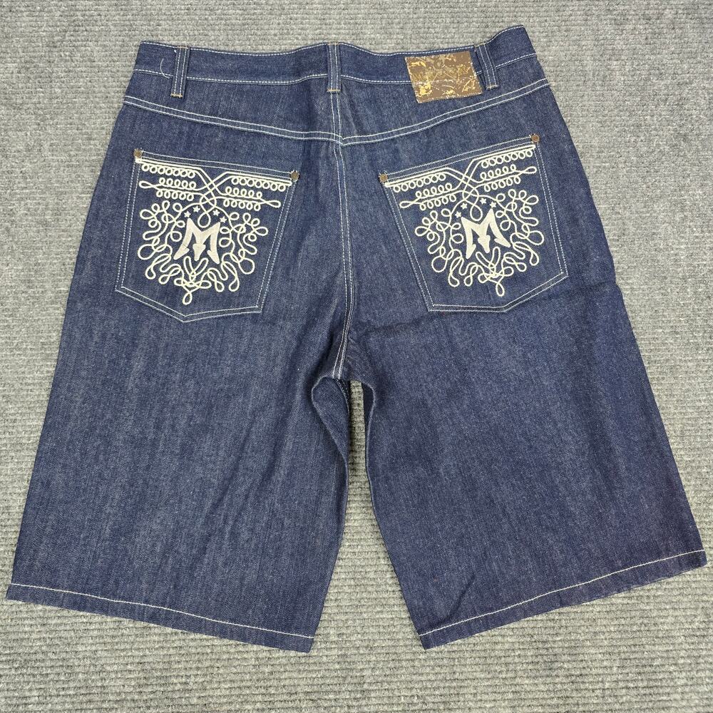 Mecca Denim Shorts Mens 36 38x13 Dark Wash Baggy Jorts Embroidered Hip Hop Y2K